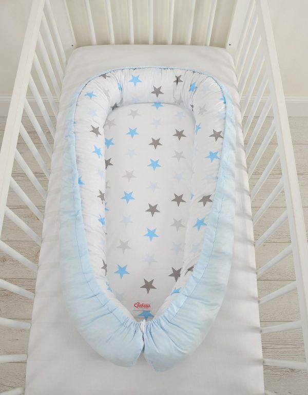 Baby nest double-sided Premium Cocoon for infants BOBONO- gray-blue stars/ blue - Image 6
