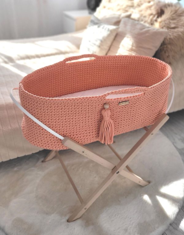 Moses basket BOHO Handmade cotton with mattress - salmon - Image 4