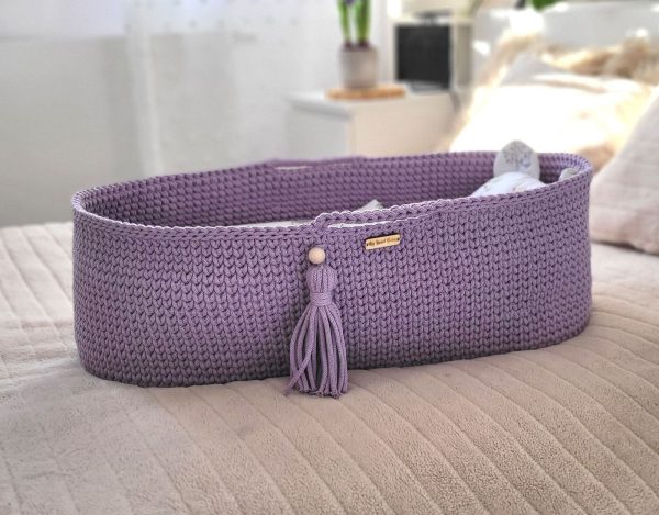 Moses basket BOHO Handmade cotton with mattress - lila