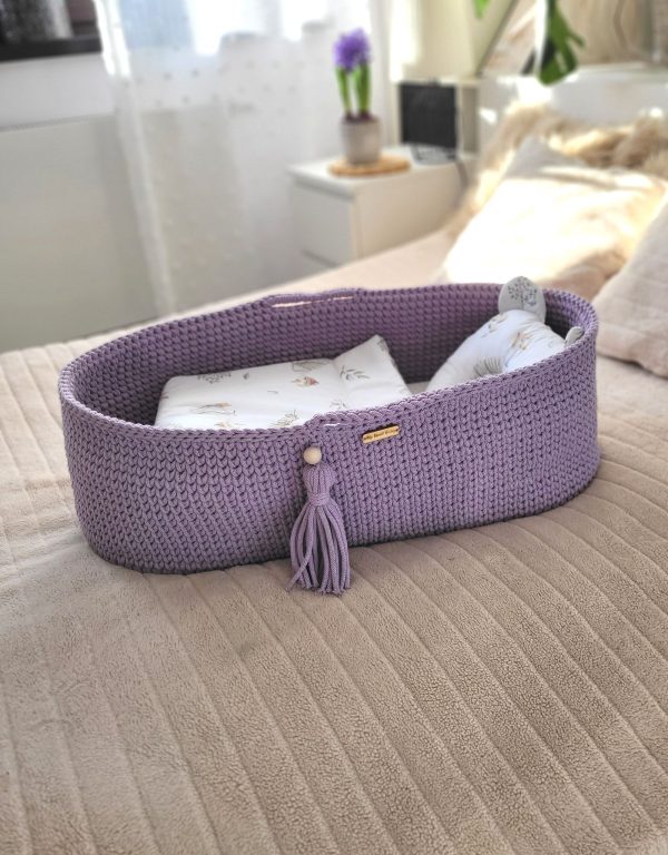 Moses basket BOHO Handmade cotton with mattress - lila - Image 5