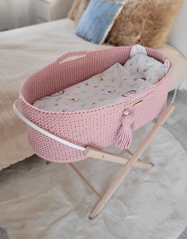 Moses basket BOHO Handmade with stand - pastel pink - Image 6