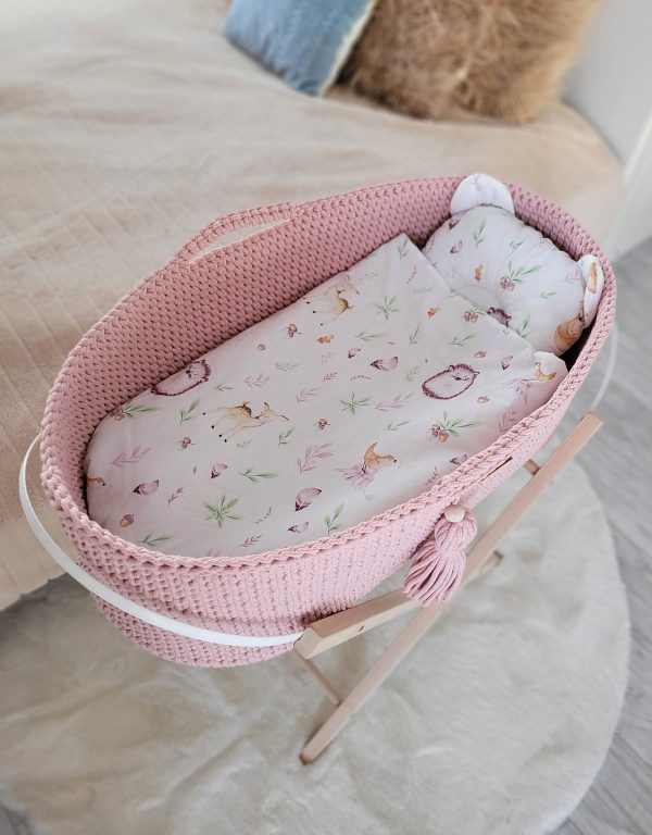 Moses basket BOHO Handmade cotton with mattress - pastel pink - Image 5