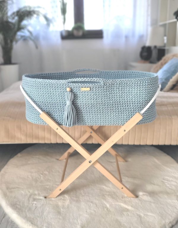 Moses basket BOHO Handmade with stand - misty blue