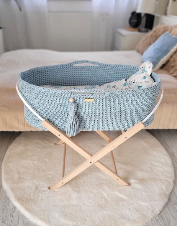 Moses basket BOHO Handmade with stand - misty blue - Image 3