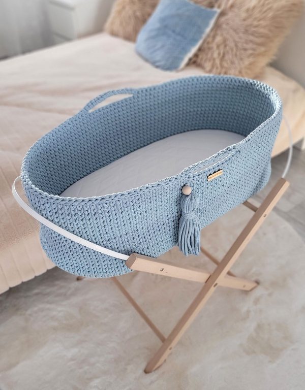 Moses basket BOHO Handmade cotton with mattress - misty blue - Image 4