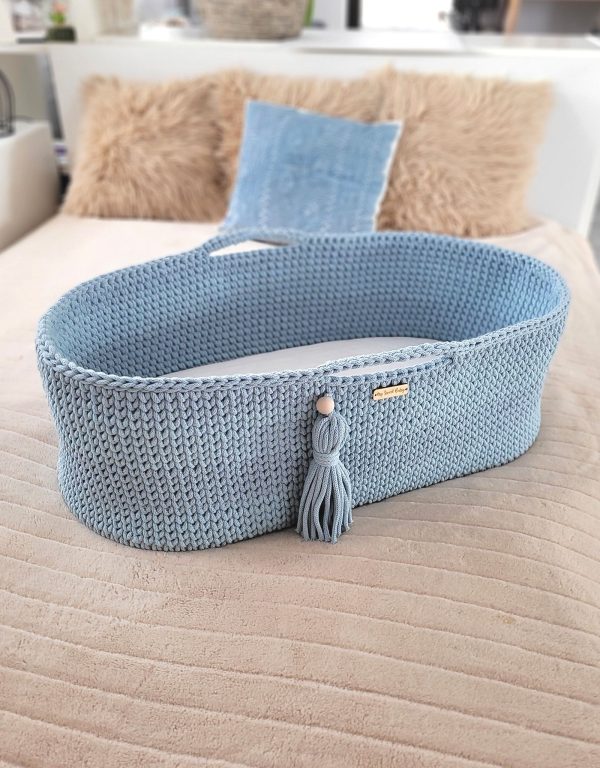 Moses basket BOHO Handmade with stand - misty blue - Image 4