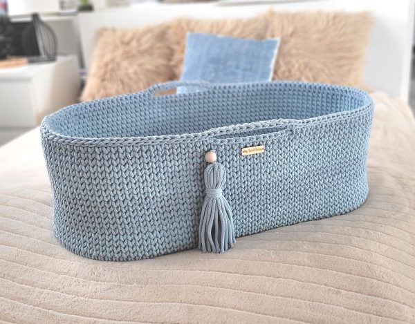 Moses basket BOHO Handmade cotton with mattress - misty blue