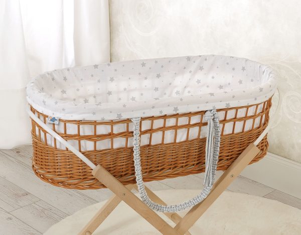 Moses wicker basket in BOHO style with stand with cotton lining - mini Stars grey - Image 5