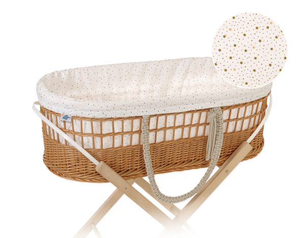 Moses wicker basket in BOHO style with stand with cotton lining - mini gold stars - Image 3