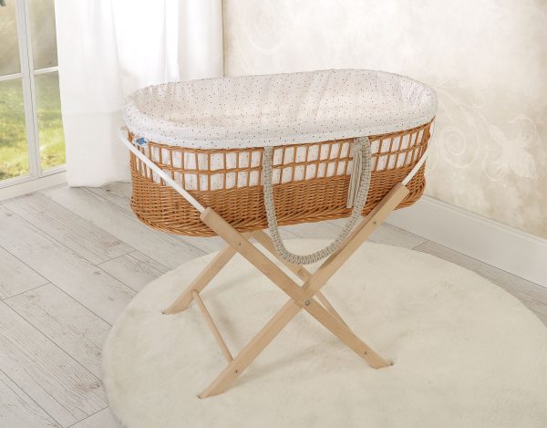 Moses wicker basket in BOHO style with stand with cotton lining - mini gold stars - Image 4