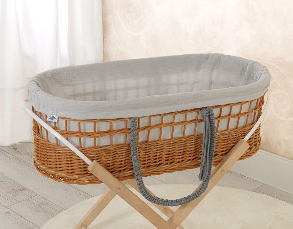 Moses wicker basket in BOHO style with stand with muslin lining - grey - Image 2