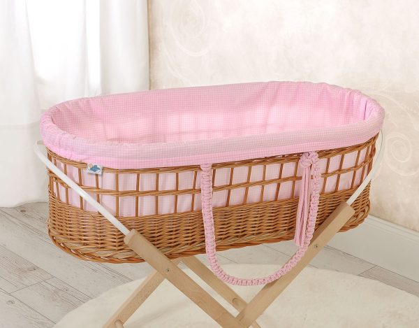 Moses wicker basket in BOHO style with stand with cotton lining - pink checkered - Image 2
