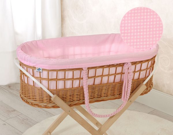 Moses wicker basket in BOHO style with cotton lining - pink checkered - Image 3