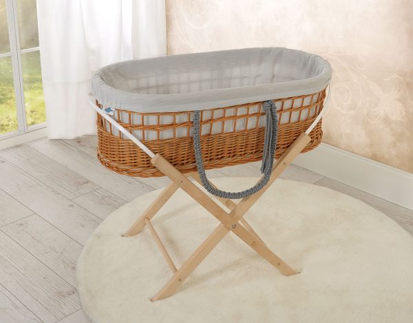 Moses wicker basket in BOHO style with stand with muslin lining - grey - Image 3