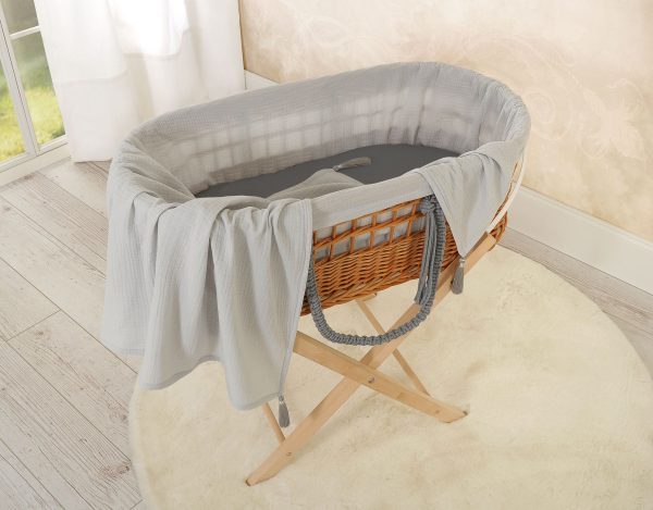 Moses wicker basket in BOHO style with stand with muslin lining - grey - Image 4