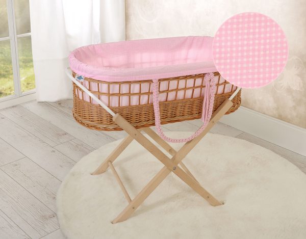 Moses wicker basket in BOHO style with stand with cotton lining - pink checkered - Image 3