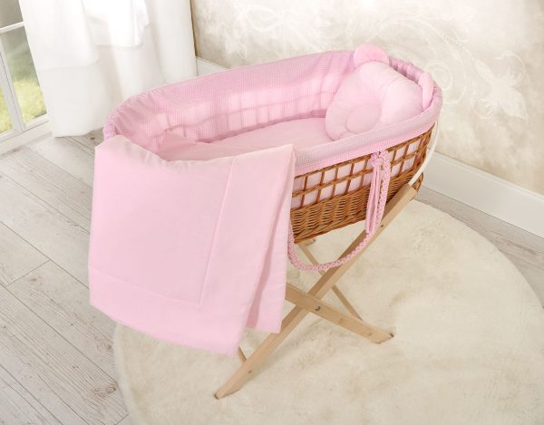 Moses wicker basket in BOHO style with stand with cotton lining - pink checkered - Image 4