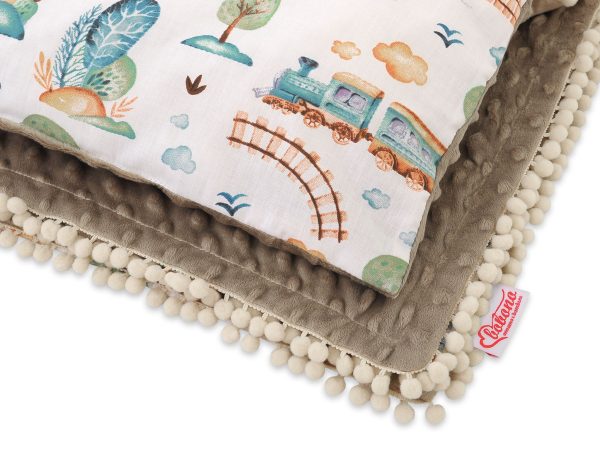 Set: Double-sided blanket minky + pillow- turquoise train - Image 2