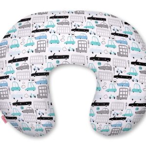 Breastfeeding Pillow Nursing Croissant Pillow, removable, Hands-Free Feedin- gray and turquoise cars