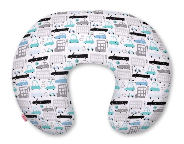 Breastfeeding Pillow Nursing Croissant Pillow, removable, Hands-Free Feedin- gray and turquoise cars