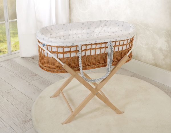 Moses wicker basket in BOHO style with stand with cotton lining - mini Stars grey - Image 2