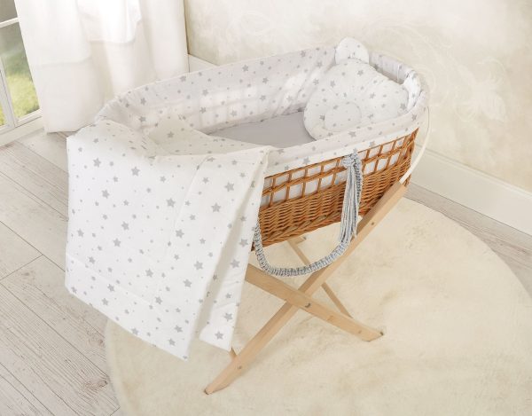 Moses wicker basket in BOHO style with stand with cotton lining - mini Stars grey - Image 4