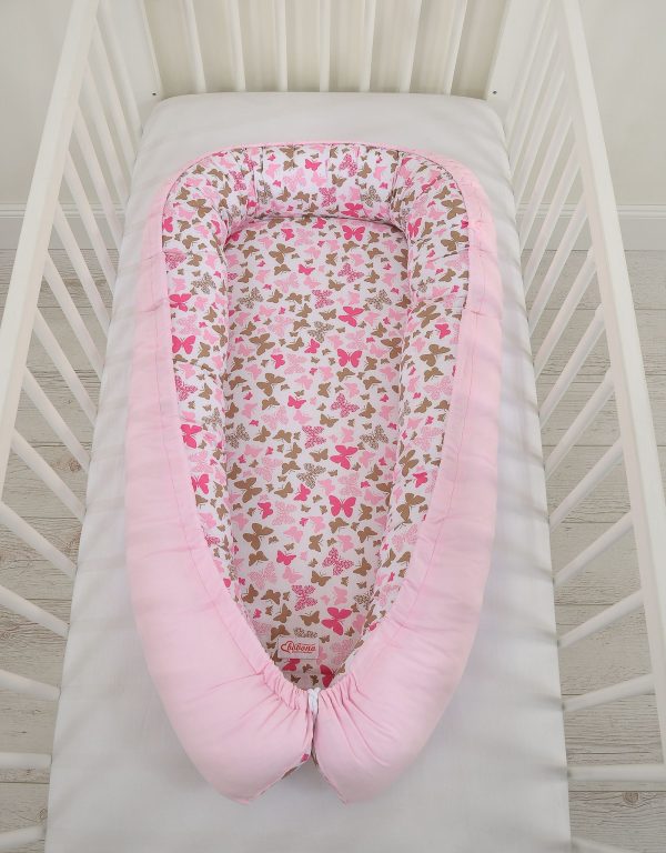 Baby nest double-sided Premium Cocoon for infants BOBONO- pink butterflies/pink - Image 6