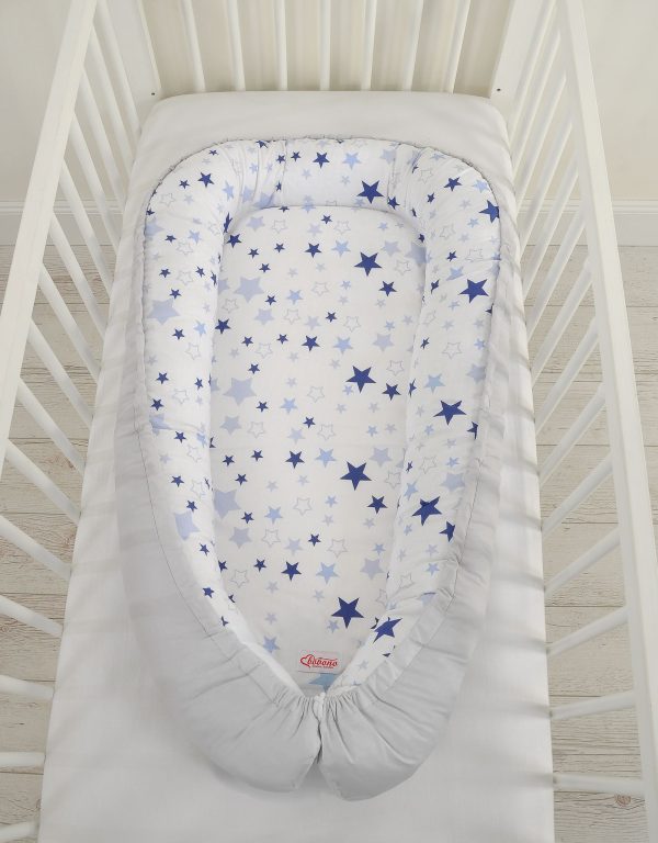 Baby nest double-sided Premium Cocoon for infants BOBONO- blue stars/gray - Image 6