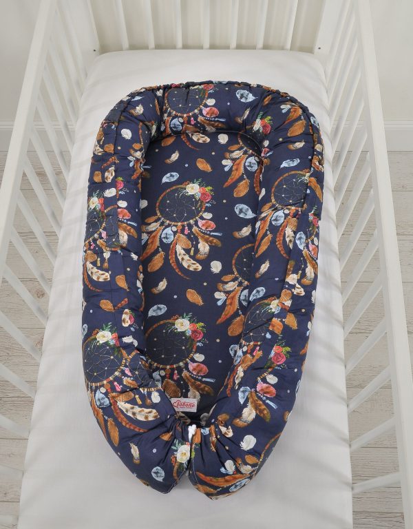 Baby nest double-sided Premium Cocoon for infants BOBONO- dream catchers dark blue - Image 3