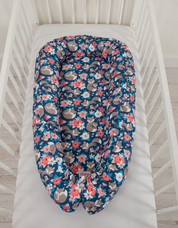 Baby nest double-sided Premium Cocoon for infants BOBONO- fox family on blue - Image 3