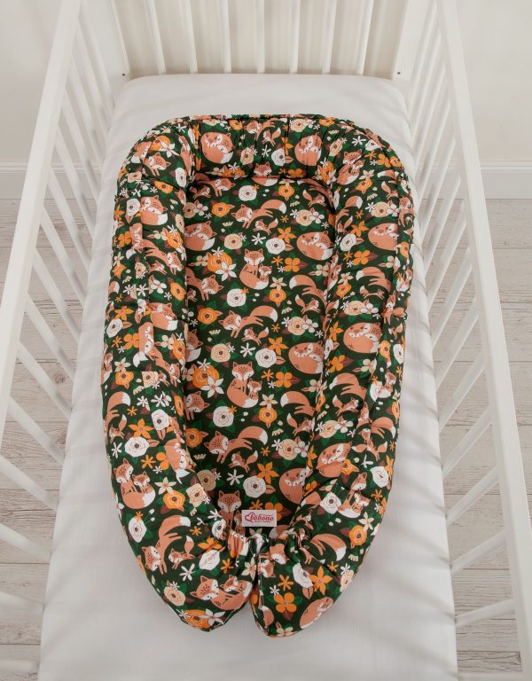 Baby nest double-sided Premium Cocoon for infants BOBONO- fox family on the green - Image 3