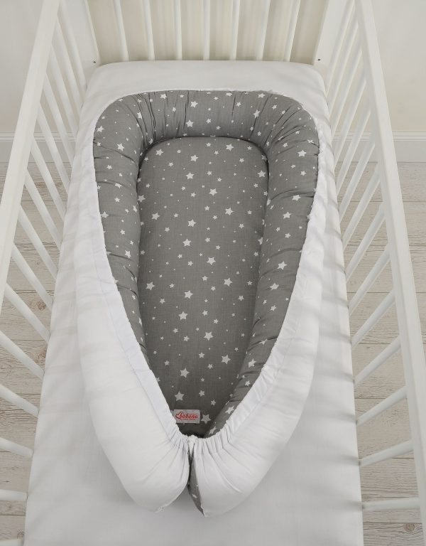 Baby nest double-sided Premium Cocoon for infants BOBONO- mini stars white/ white - Image 4