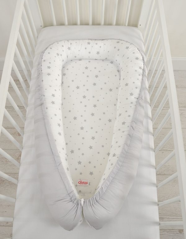 Baby nest double-sided Premium Cocoon for infants BOBONO- mini gray stars/ grey - Image 3