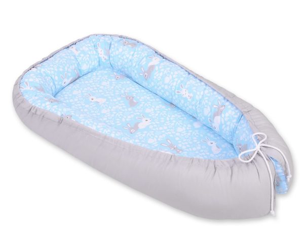 Baby nest double-sided Premium Cocoon for infants BOBONO- blue rabbits/gray - Image 3