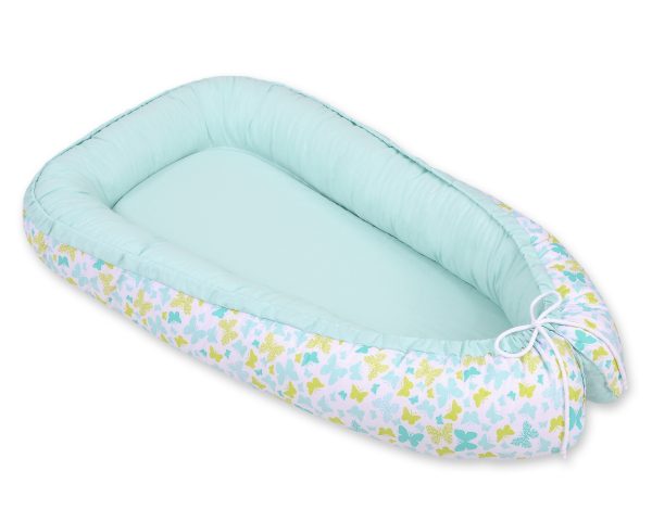 Baby nest double-sided Premium Cocoon for infants BOBONO- blue butterflies/mint - Image 3