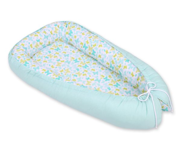 Baby nest double-sided Premium Cocoon for infants BOBONO- blue butterflies/mint - Image 4