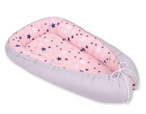 Baby nest double-sided Premium Cocoon for infants BOBONO- pink-navy blue stars - Image 3