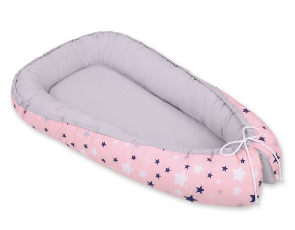 Baby nest double-sided Premium Cocoon for infants BOBONO- pink-navy blue stars - Image 4
