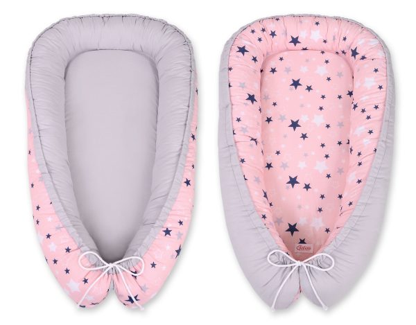 Baby nest double-sided Premium Cocoon for infants BOBONO- pink-navy blue stars - Image 5