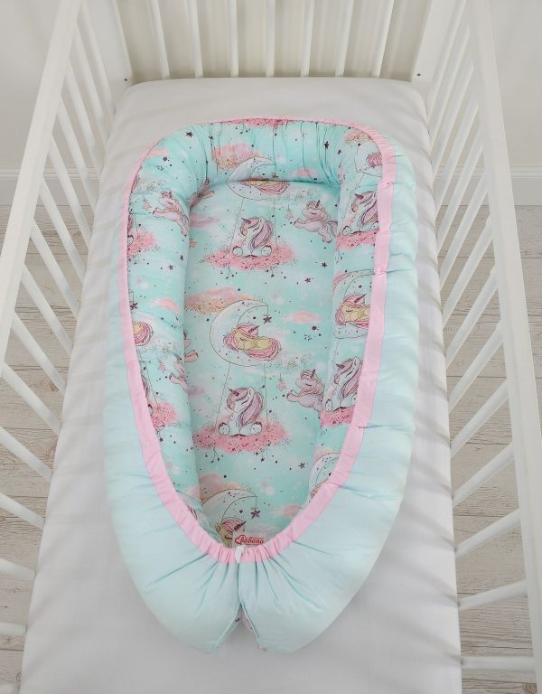 Baby nest double-sided Premium Cocoon for infants BOBONO- unicorn mint/mint - Image 5