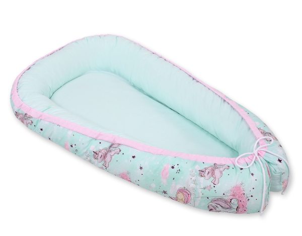 Baby nest double-sided Premium Cocoon for infants BOBONO- unicorn mint/mint - Image 3