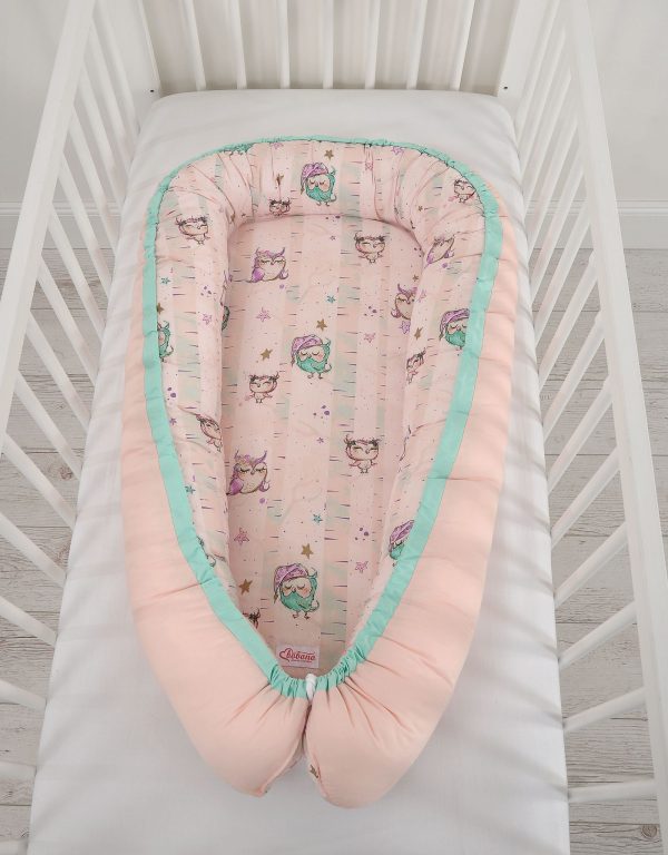 Baby nest double-sided Premium Cocoon for infants BOBONO- owls cream/powder pink - Image 3