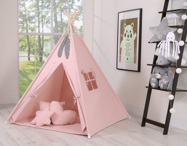 Teepee tent for kids +play mat + decorative feathers - pastel pink - Image 4