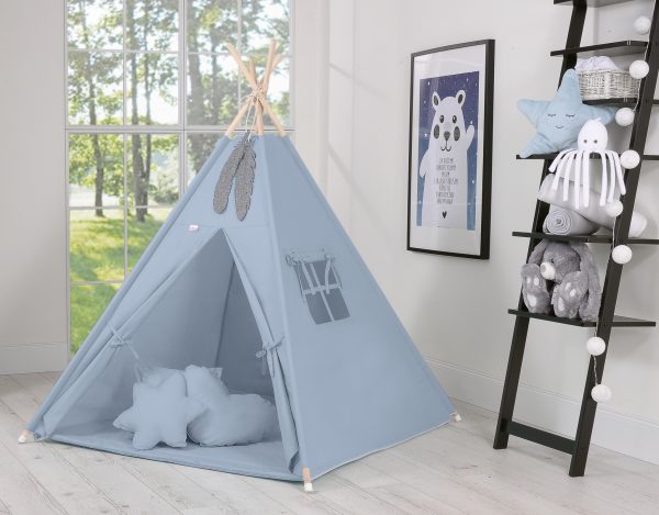 Teepee tent for kids +play mat + decorative feathers - pastel blue - Image 4