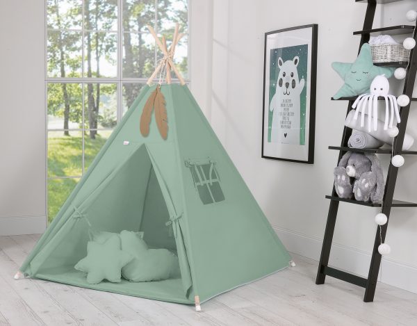 Teepee tent for kids + playmat + pillows + decorative feathers - pastel green - Image 4