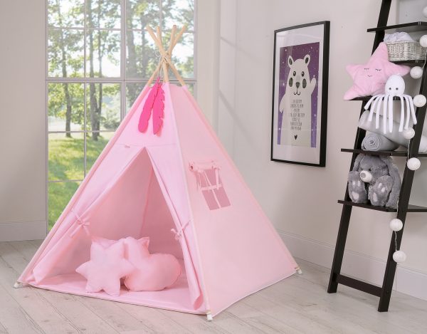 Teepee tent for kids + playmat + pillows + decorative feathers - pink - Image 4