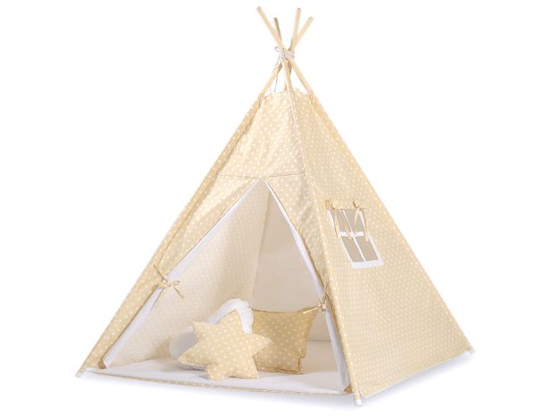 Teepee tent for kids + decorative feathers - White dots on beige - Image 2