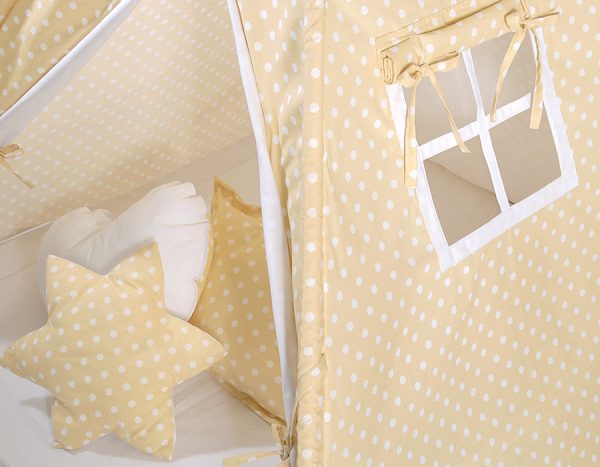 Teepee tent for kids + decorative feathers - White dots on beige - Image 4