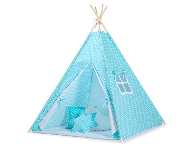 Teepee tent for kids +play mat + decorative feathers - White dots on turquoise - Image 3
