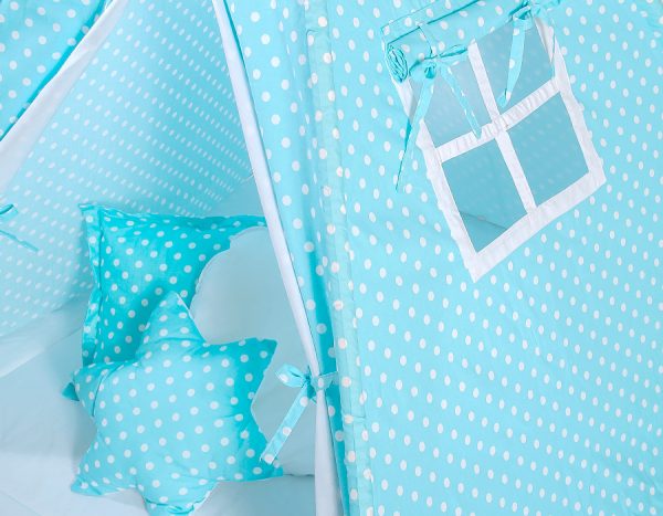 Teepee tent for kids + playmat + pillows + decorative feathers - White dots on turquoise - Image 5